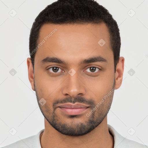 Neutral latino young-adult male with short  black hair and brown eyes