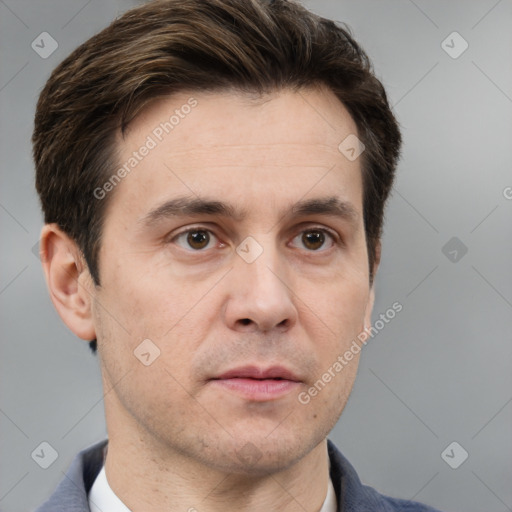 Neutral white adult male with short  brown hair and brown eyes