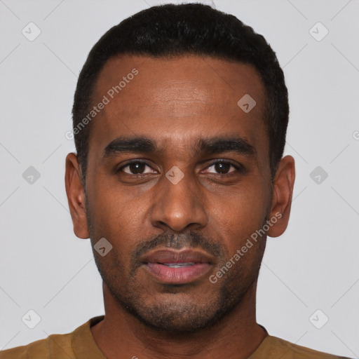 Neutral latino young-adult male with short  black hair and brown eyes