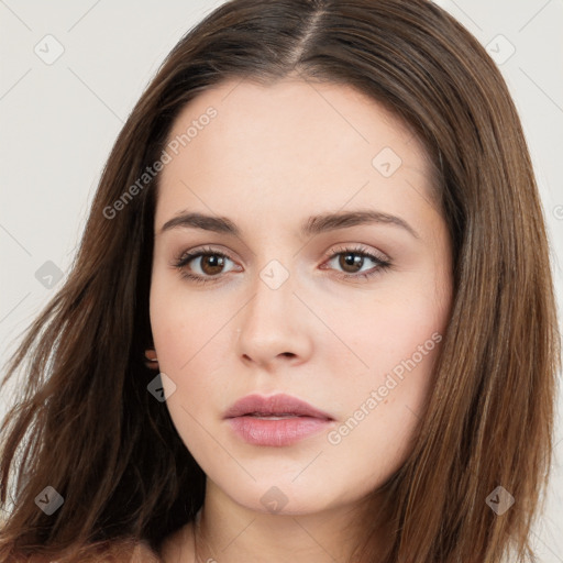 Neutral white young-adult female with long  brown hair and brown eyes