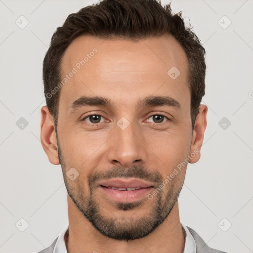 Joyful white young-adult male with short  brown hair and brown eyes