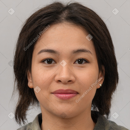 Joyful white young-adult female with medium  brown hair and brown eyes