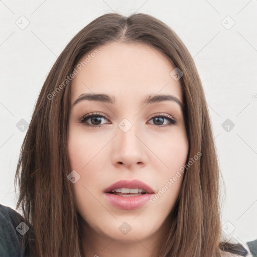 Neutral white young-adult female with long  brown hair and brown eyes