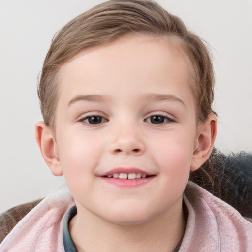 Joyful white child female with medium  brown hair and grey eyes