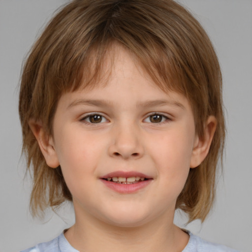 Joyful white child female with medium  brown hair and brown eyes