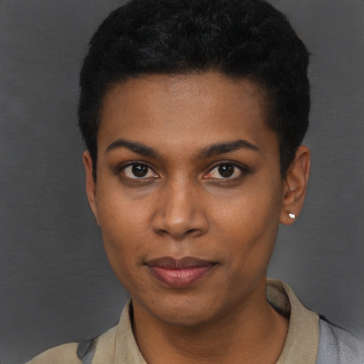 Neutral black young-adult female with short  black hair and brown eyes