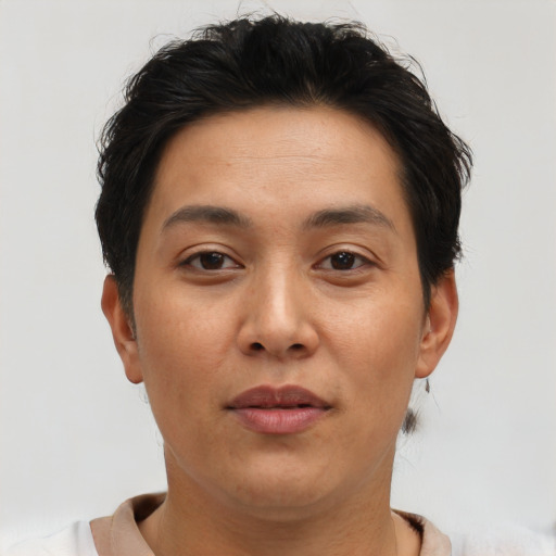 Joyful asian young-adult female with short  brown hair and brown eyes