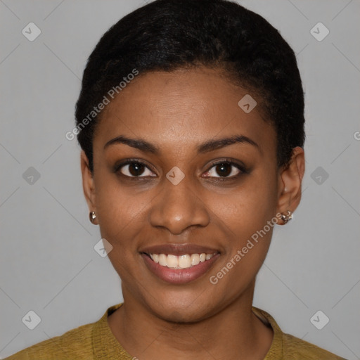 Joyful latino young-adult female with short  black hair and brown eyes