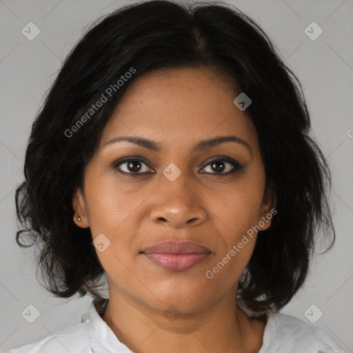 Joyful black young-adult female with medium  brown hair and brown eyes