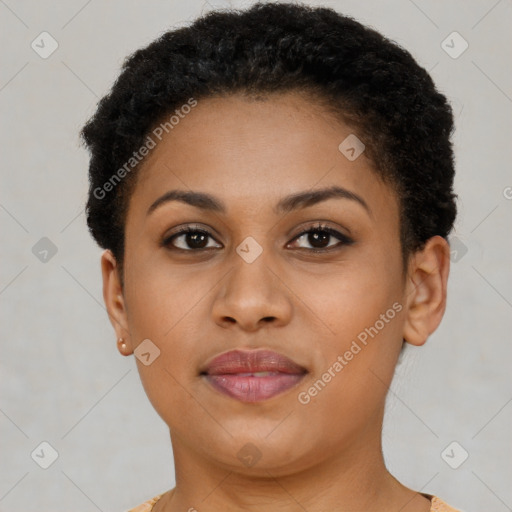 Joyful black young-adult female with short  brown hair and brown eyes