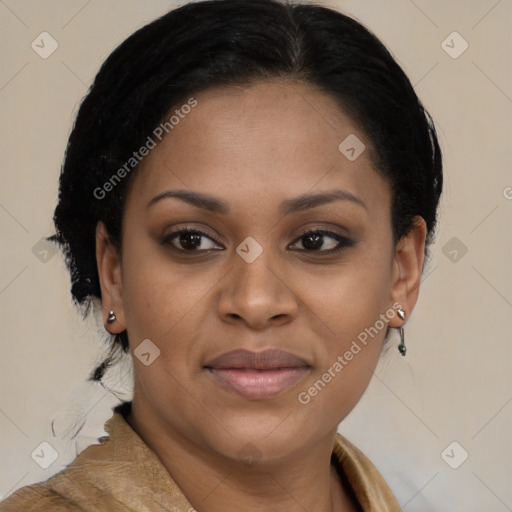 Joyful black young-adult female with medium  brown hair and brown eyes