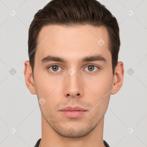 Neutral white young-adult male with short  brown hair and brown eyes