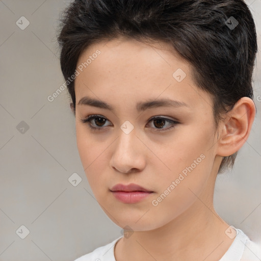 Neutral white young-adult female with short  brown hair and brown eyes