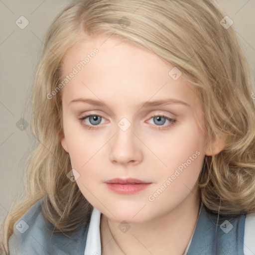 Neutral white child female with medium  brown hair and blue eyes