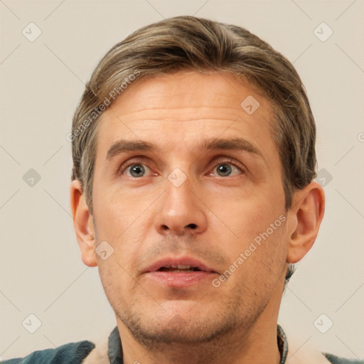 Neutral white adult male with short  brown hair and brown eyes