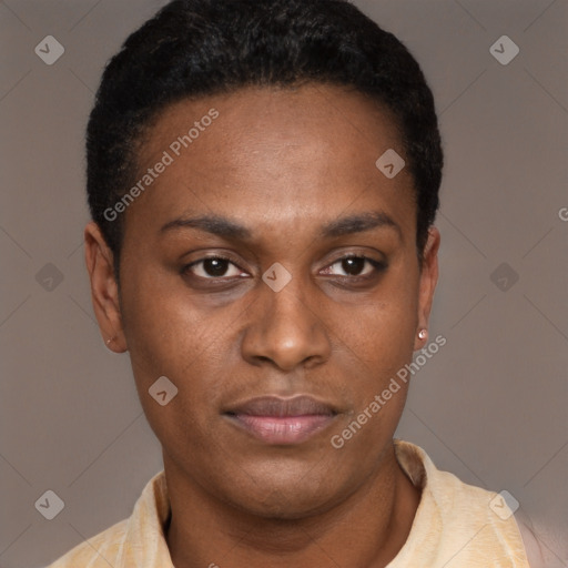 Neutral latino young-adult female with short  brown hair and brown eyes