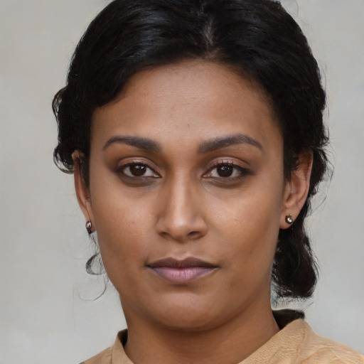 Neutral latino young-adult female with medium  black hair and brown eyes