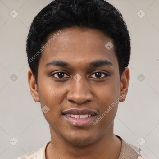Joyful black young-adult male with short  black hair and brown eyes