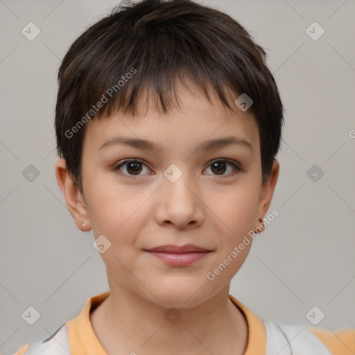 Joyful white child female with short  brown hair and brown eyes