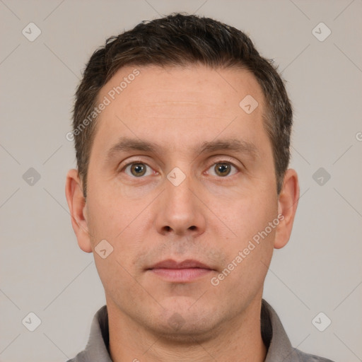 Neutral white adult male with short  brown hair and brown eyes