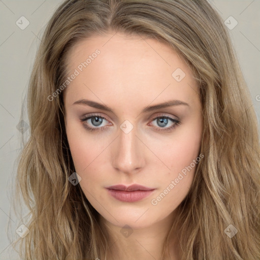 Neutral white young-adult female with long  brown hair and blue eyes