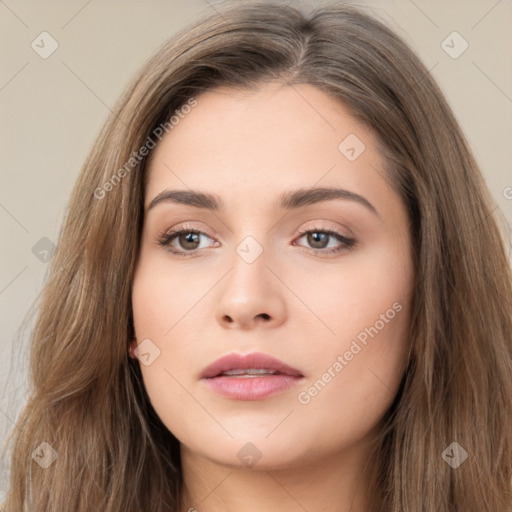 Neutral white young-adult female with long  brown hair and brown eyes