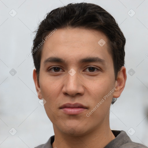 Neutral white young-adult male with short  black hair and brown eyes