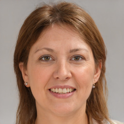 Joyful white adult female with medium  brown hair and grey eyes