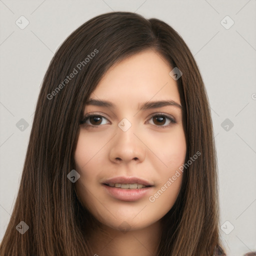 Neutral white young-adult female with long  brown hair and brown eyes