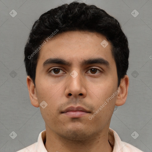 Neutral asian young-adult male with short  black hair and brown eyes