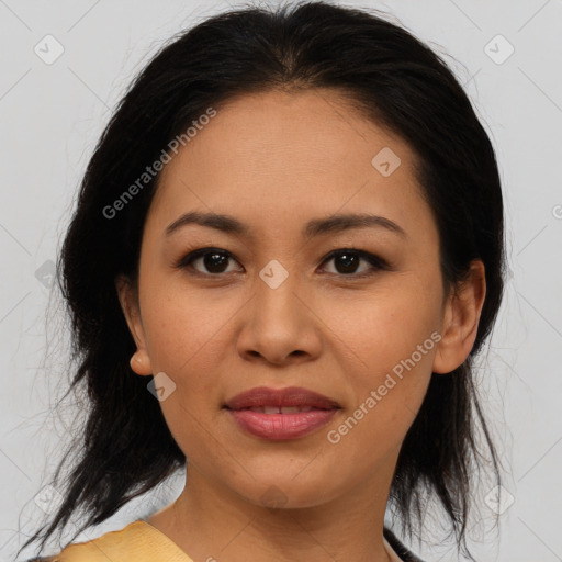 Joyful asian young-adult female with medium  brown hair and brown eyes