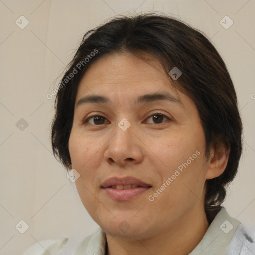 Joyful white adult female with medium  brown hair and brown eyes