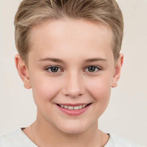 Joyful white child female with short  brown hair and grey eyes