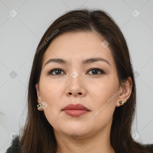 Neutral white young-adult female with long  brown hair and brown eyes