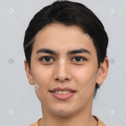 Joyful asian young-adult male with short  brown hair and brown eyes