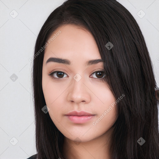 Neutral white young-adult female with long  black hair and brown eyes