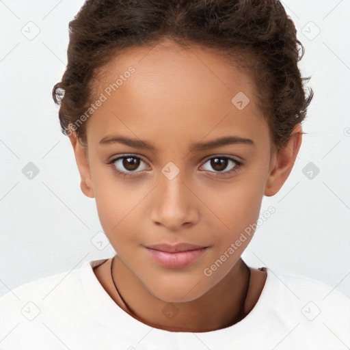 Joyful white child female with short  brown hair and brown eyes