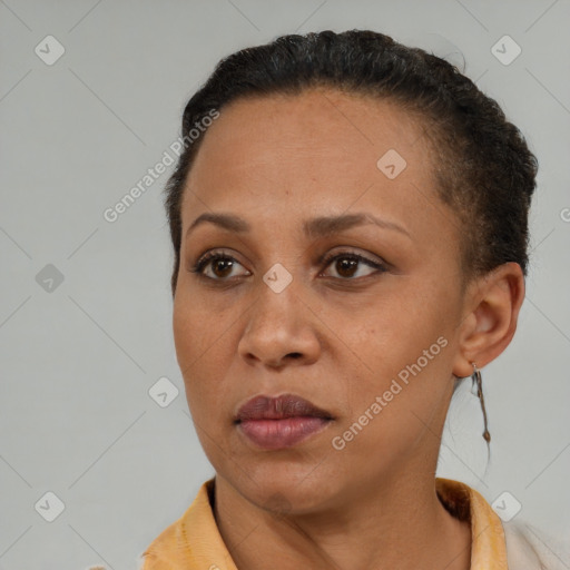 Neutral black adult female with short  brown hair and brown eyes