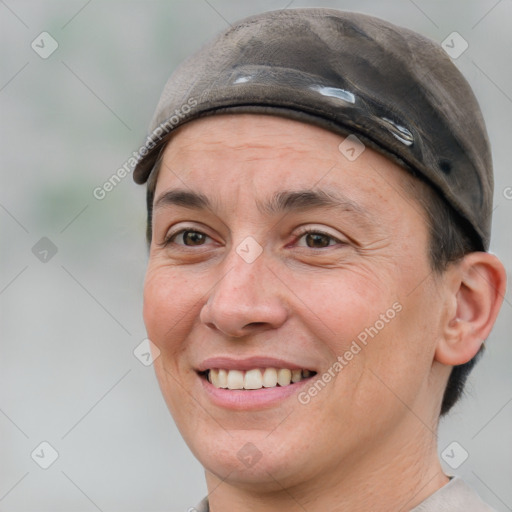 Joyful white adult female with short  brown hair and brown eyes