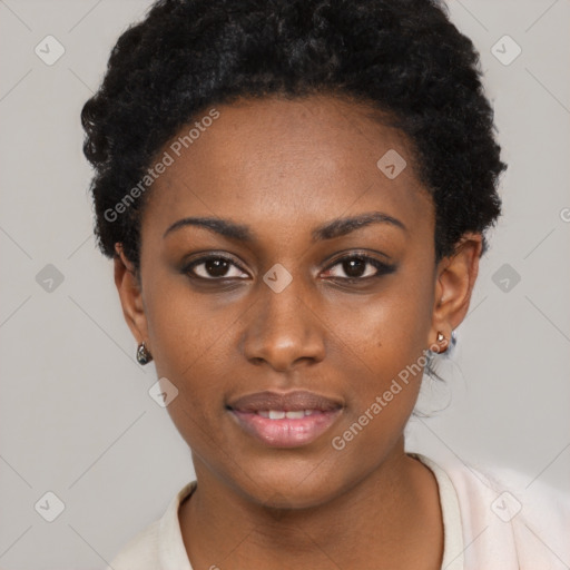 Neutral black young-adult female with short  black hair and brown eyes