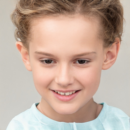 Joyful white child female with short  brown hair and brown eyes