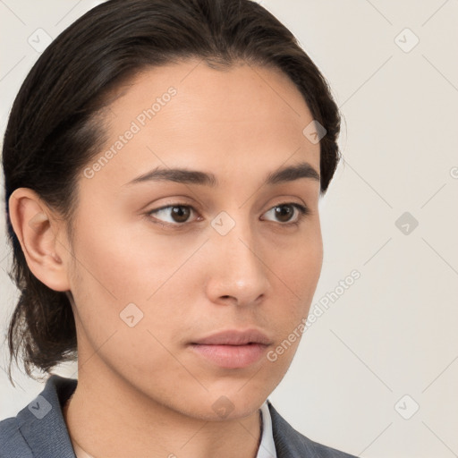 Neutral white young-adult female with medium  brown hair and brown eyes