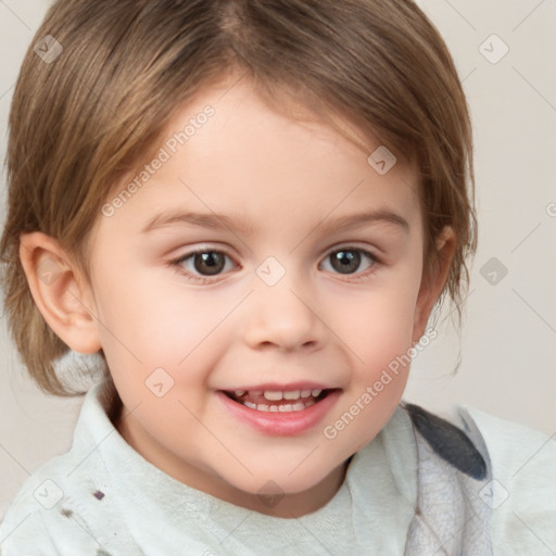 Joyful white child female with medium  brown hair and brown eyes