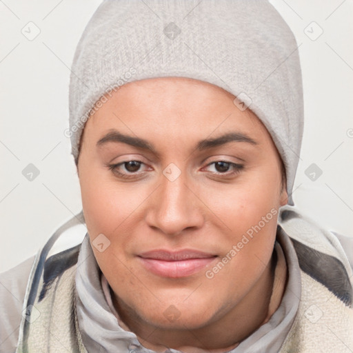 Joyful white young-adult female with short  black hair and brown eyes