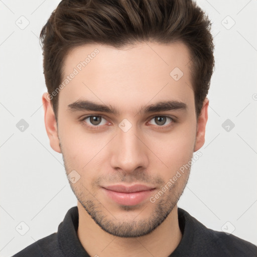 Neutral white young-adult male with short  brown hair and brown eyes