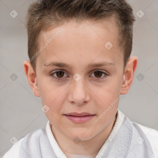 Joyful white child male with short  brown hair and brown eyes