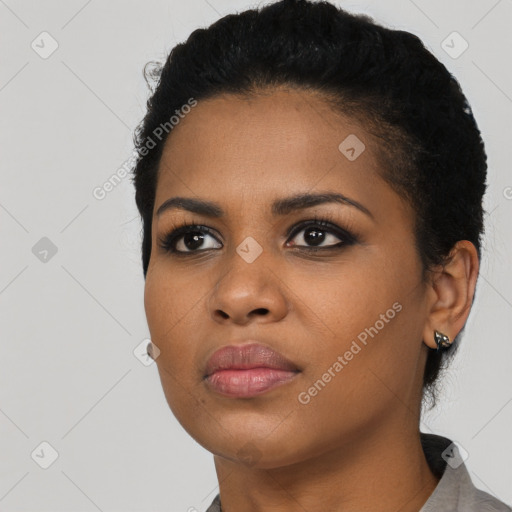 Neutral black young-adult female with short  black hair and brown eyes