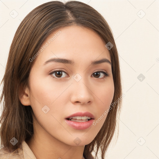 Neutral white young-adult female with medium  brown hair and brown eyes