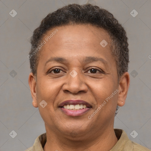 Joyful latino adult female with short  brown hair and brown eyes