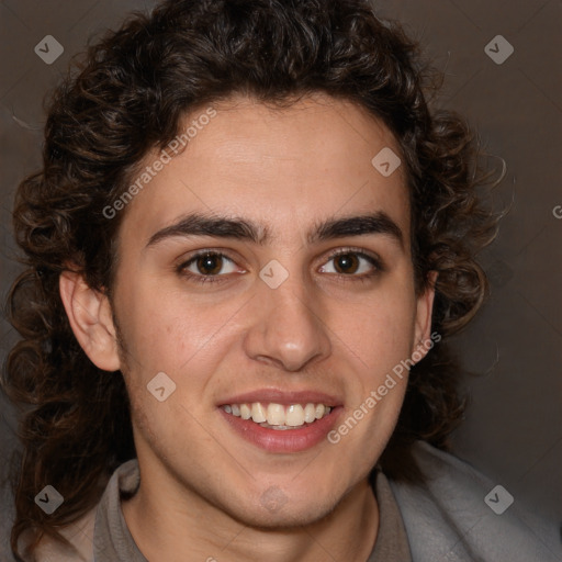 Joyful white young-adult male with medium  brown hair and brown eyes